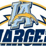 A los angeles chargers logo with the team name in blue and yellow.