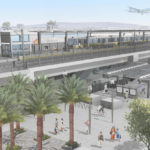 A rendering of the airport with palm trees and people walking around.