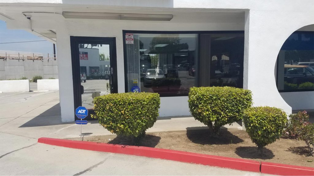 A couple of bushes in front of a building.